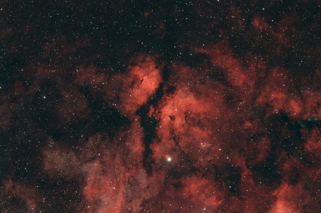 Astrofoto des Schmetterlingsnebels IC 1318 in der Sadr-Region mit rotem H-alpha-Emissionsnebel und dunklen Staubwolken