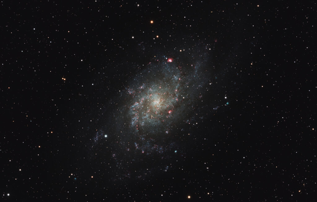 Astrofoto der Triangulumgalaxie M33 mit lockeren Spiralarmen, roten H-alpha-Regionen und bläulichen Sternentstehungsgebieten