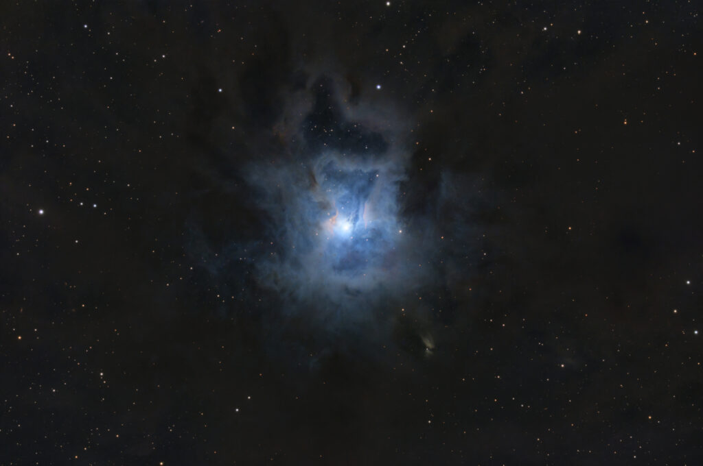 Astrofoto des Irisnebels NGC 7023 im Sternbild Kepheus mit blauem Reflexionsnebel und dunklen Staubwolken